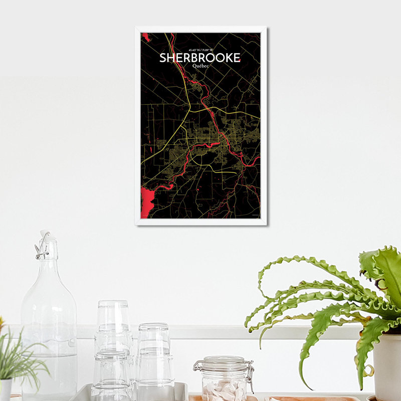 Sherbrooke, carte de la ville, impression, H 17 po x l 11 po, Noir / rouge / jaune
