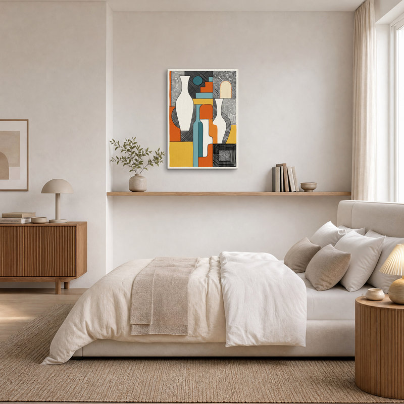 Vases géométriques rétro avec fond à motifs - Toile murale, H 30 po x l 20 po