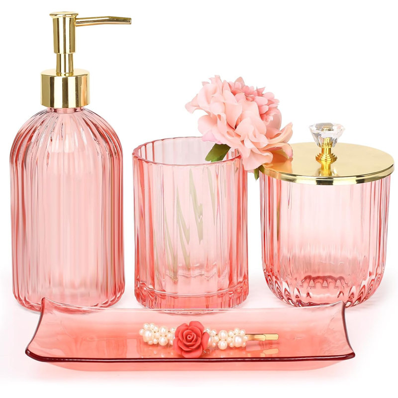 Pink glass bathroom accessory set