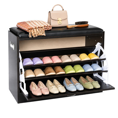 Basicwise Shoe Storage Bench with Leather Cushion – Classic Black Wooden Entryway, Fold-Out Hidden Double Shoe Rack, Easy Assembly, Comfortable Seat, Mudroom & Foyer Organizer