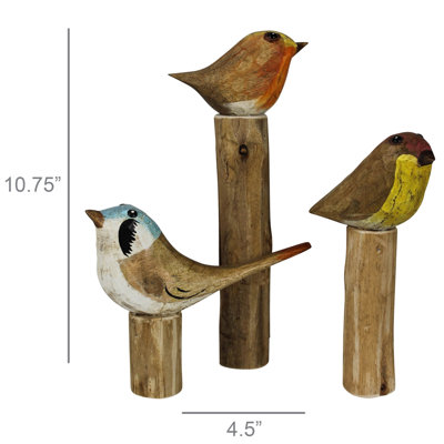 Oiseaux sur base en bois, ensemble / 3 6 po, 8,5 po, hauteurs 10,75 po