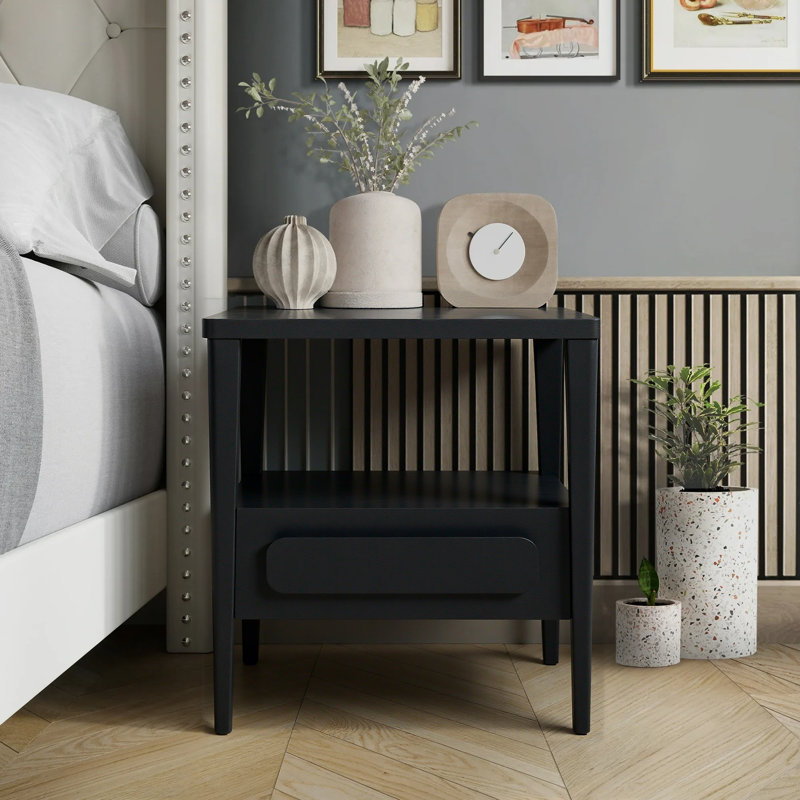 Carruthers Mid Century Modern Solid Wood Nightstand with Open Shelf, Premium Hevea Wooden Bedside Table With Ball Bearing Slide