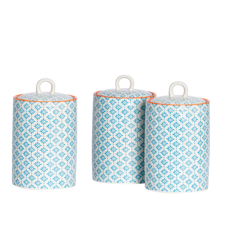Nicola Spring Hand-Printed Kitchen Canisters - 1 Litre - Blue - Pack of 3