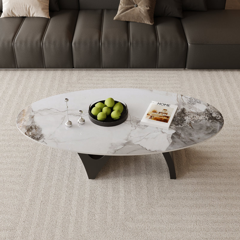 Table basse ovale moderne de 51 po, plateau en pierre frittée brillante avec base en acier en forme de N