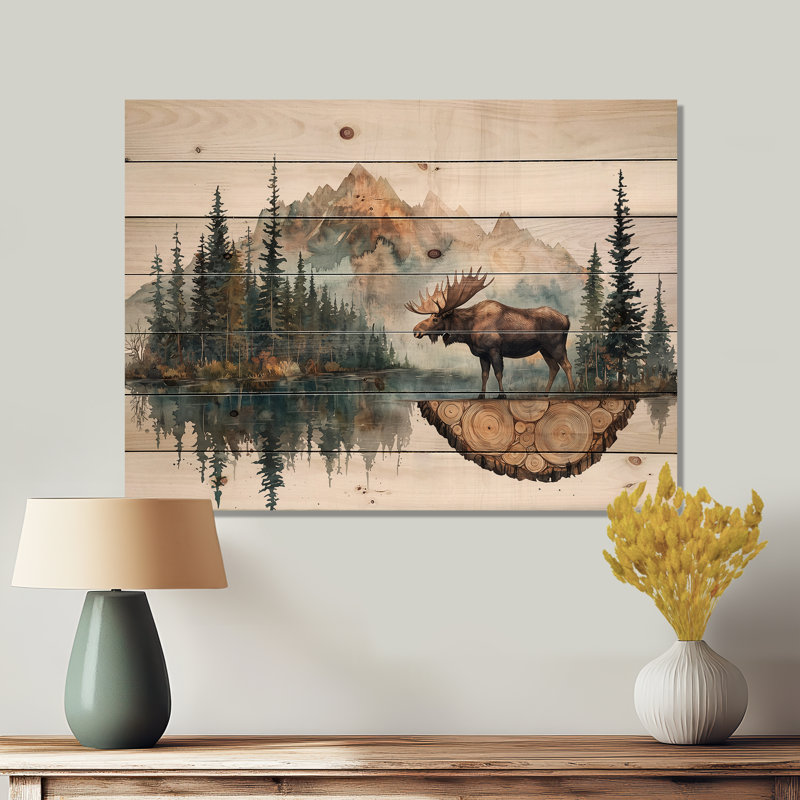 Orignal canadien dans un lac, paysage I - Décoration murale en bois d'orignal - sur bois de pin naturel