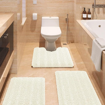 Striped Brown Bathroom Rug Set 3 Pieces Ultra Soft, Non Slip Chenille Toilet Mat, Absorbent Plush Shaggy Bath Mats For Bathroom, Bedroom, Kitchen