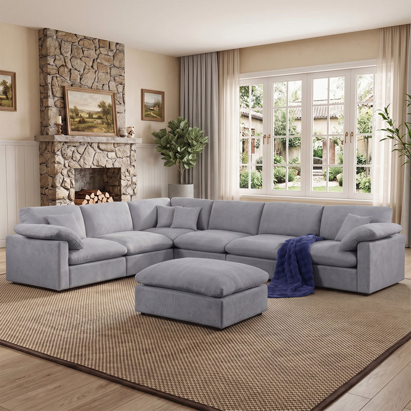 Canapé modulaire surdimensionné réversible à assise profonde 7 pièces 144 po Chenille, Chenille gris pâle