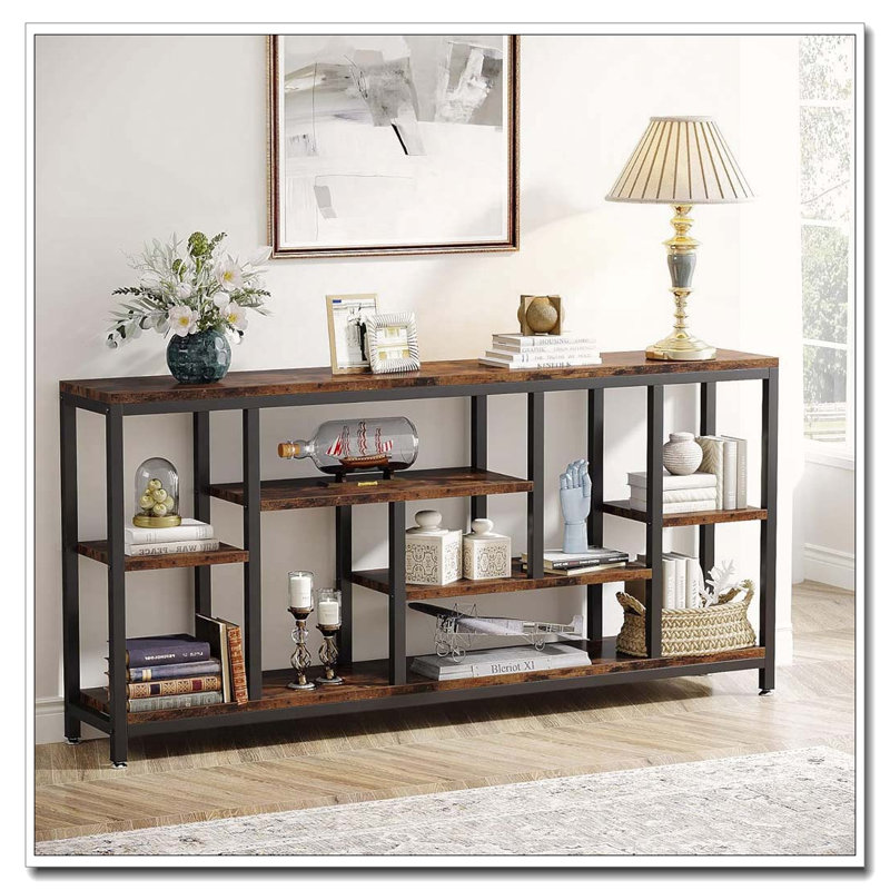 Industrial Three-Tier Console Table with Storage Shelves for Living Room