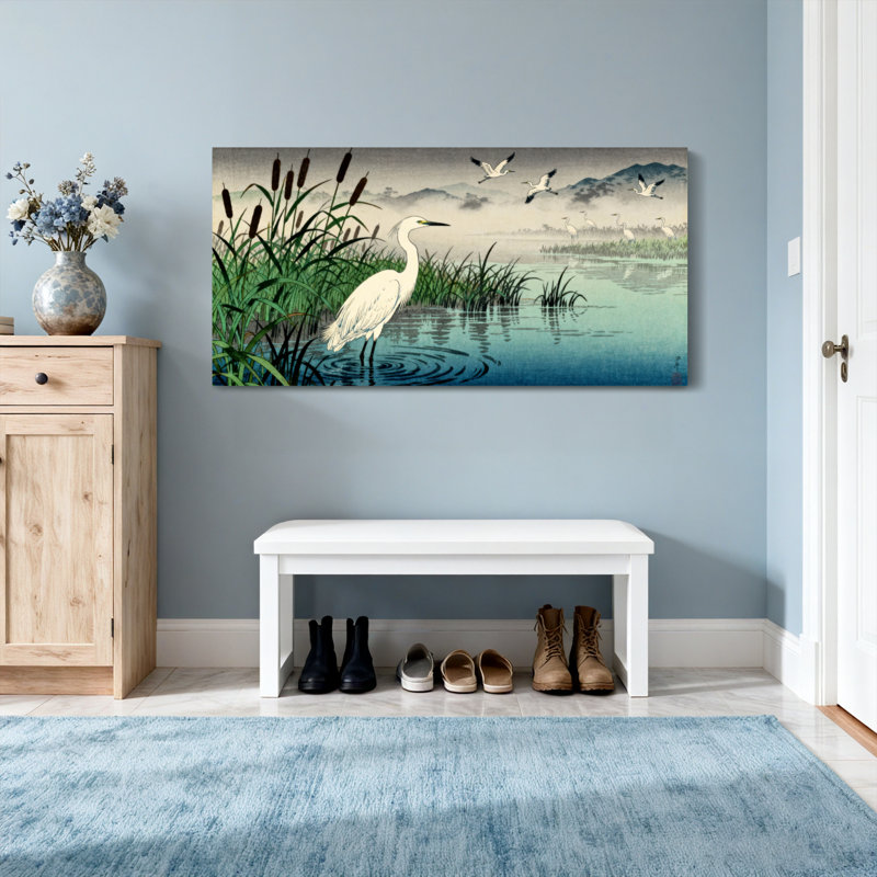 Paysage et nature héron blanc dans une scène de lac de roseaux, H 28 po x l 58 po
