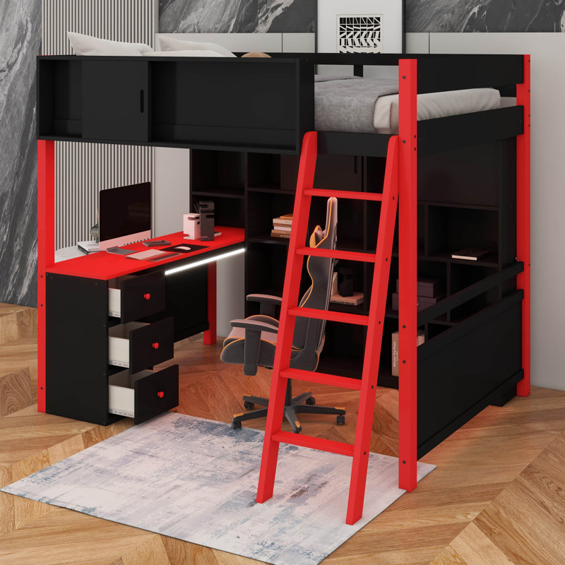 Wood Loft Bed With Desk & Storage, Built-In Bookshelf And LED Lighting For Kids Teens Adults, Red