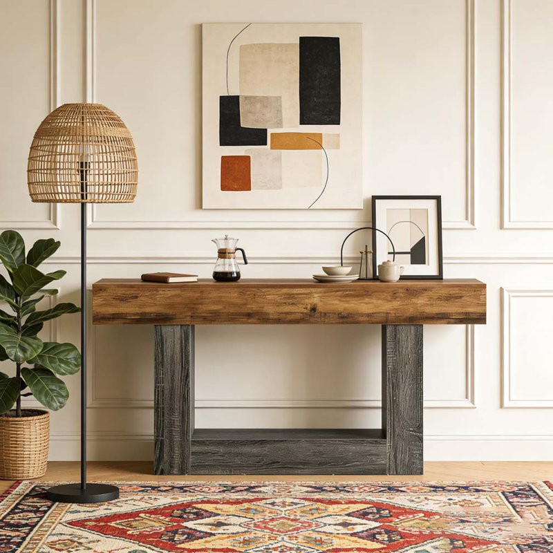 Wooden Farmhouse 2-Tier Sofa Entryway Table, Vintage Brown & Gray