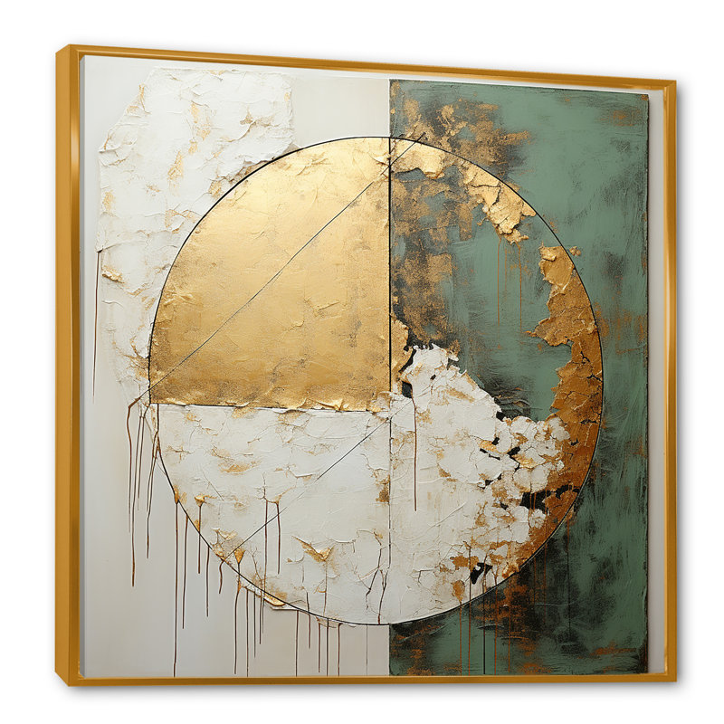 Peinture dorée et verte Fusion I - art mural abstrait pour salon, H 30 po x l 30 po x P 1 po, Cadre flottant doré