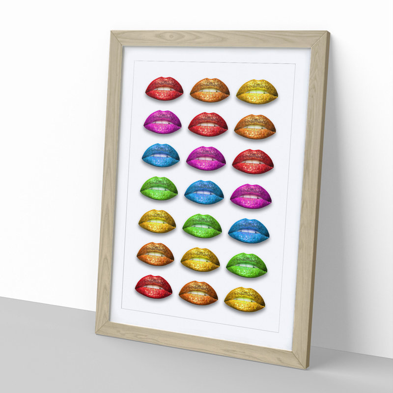 Rainbow Lips - Single Picture Frame Print on Wood, Oak Framed, 90cm H x 65cm W x 2cm D