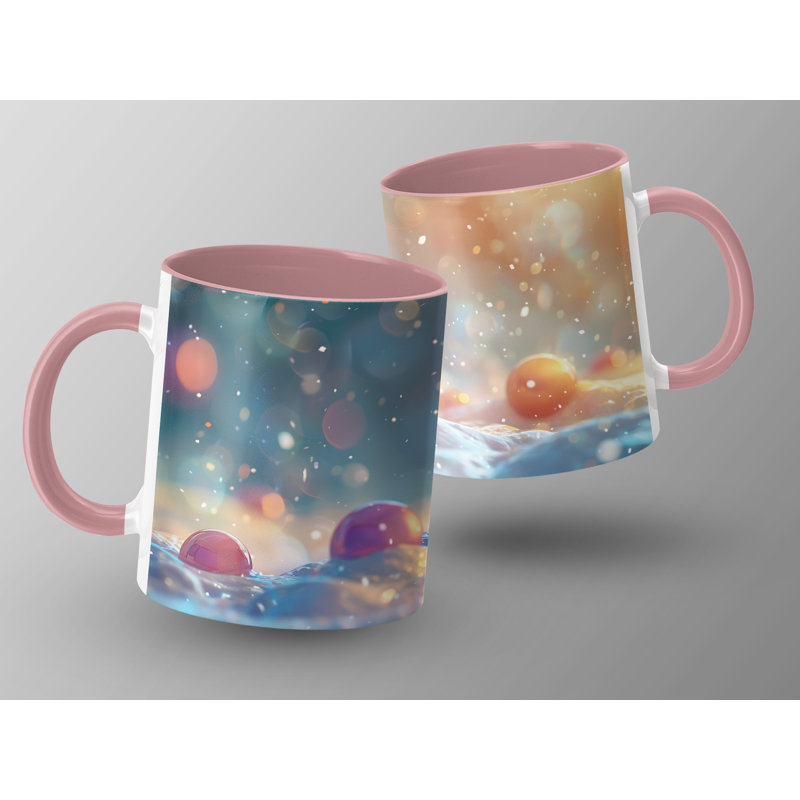 Set of 2 3D Design 11oz Accent Mugs – Ceramic Coffee Cups with a Pink Handle and Interior