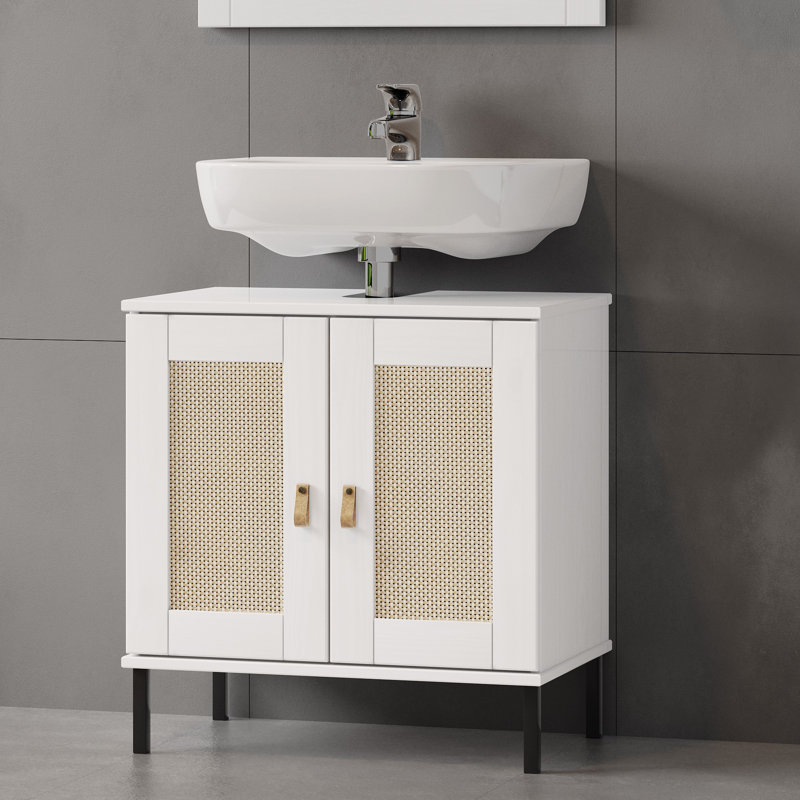 Vanity unit 62 cm Havant solid pine lacquered bathroom cabinet, White