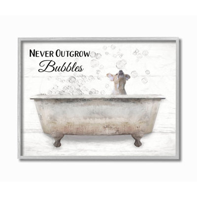 Happiness Is A Bubble Bath Dog In Tub Word Design Gray Farmhouse Rustic Oversized Framed Giclee Texturized Art by Lori Deiter