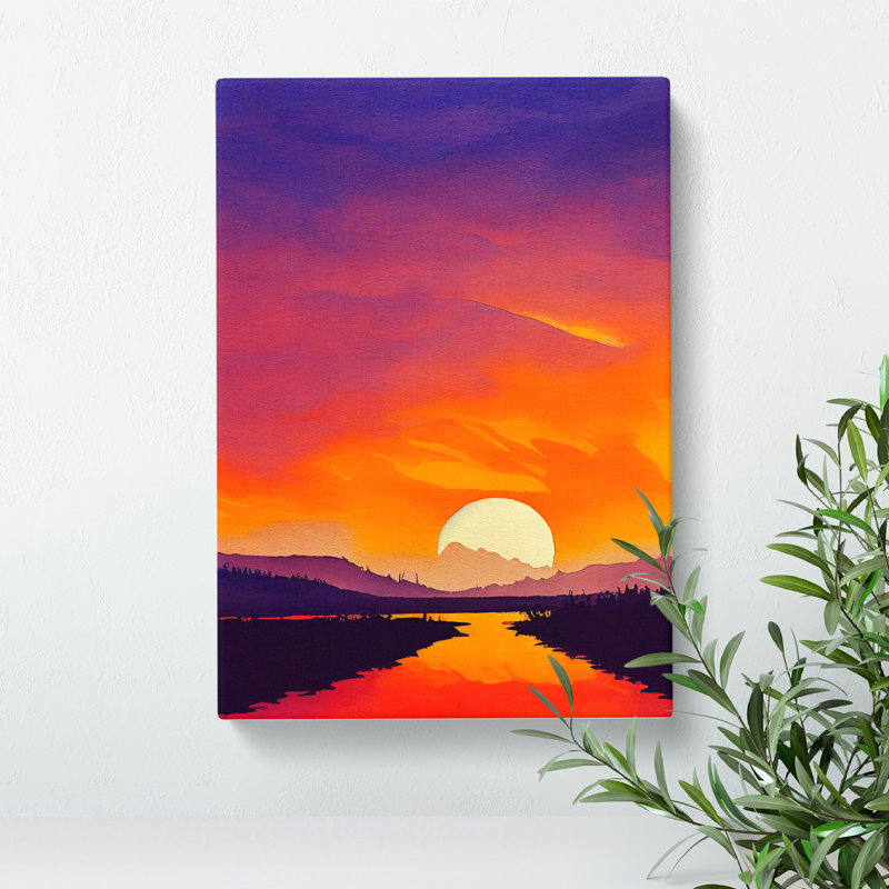 Sunset Lake Watercolour No.2 - Wrapped Canvas Painting, 50cm H x 35cm W x 3cm D