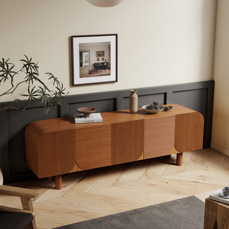 Meuble télé 71 po style Mid-Century avec 3 armoires en bois massif brun pré-assemblé et facile à installer (pieds à fixer uniquement)
