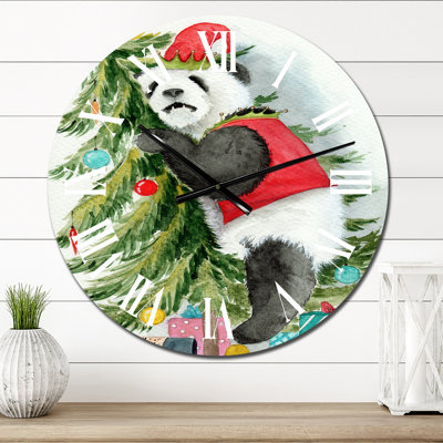 Panda portant un chapeau d'elfe de Noël - Horloge murale pour enfants