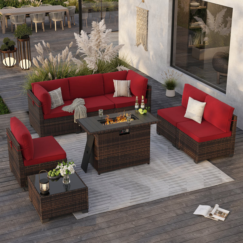 6 Person Outdoor Wicker Furniture Set With Fire Pit Table, Red