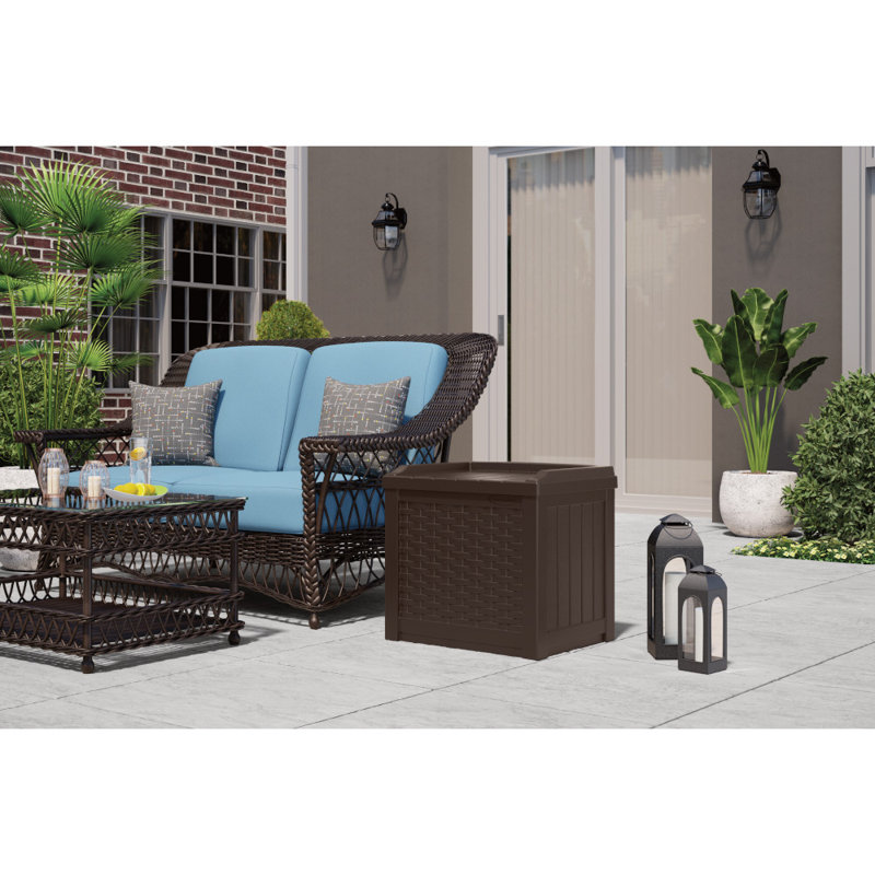 Suncast Wicker 22 Gallon Water Resistant Resin Deck Box with Storage Seat in Java