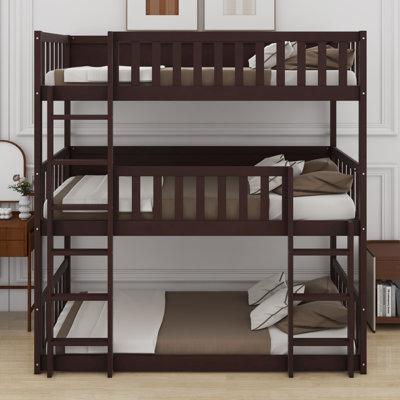 Triple Wood Bunk Bed, With Ladders, Guardrails