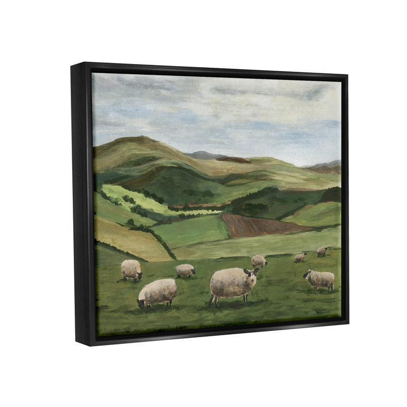 Moutons de campagne en pâture, H 17 po x l 21 po x P 1,7 po, Cadre flottant noir de jais