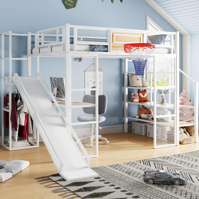 Full Size Metal Loft Bed With Open Wardrobe, Built-In Desk And Basketball Hoop For Kids