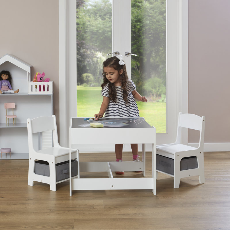 White Table and Two Chairs Set with Grey Storage Boxes