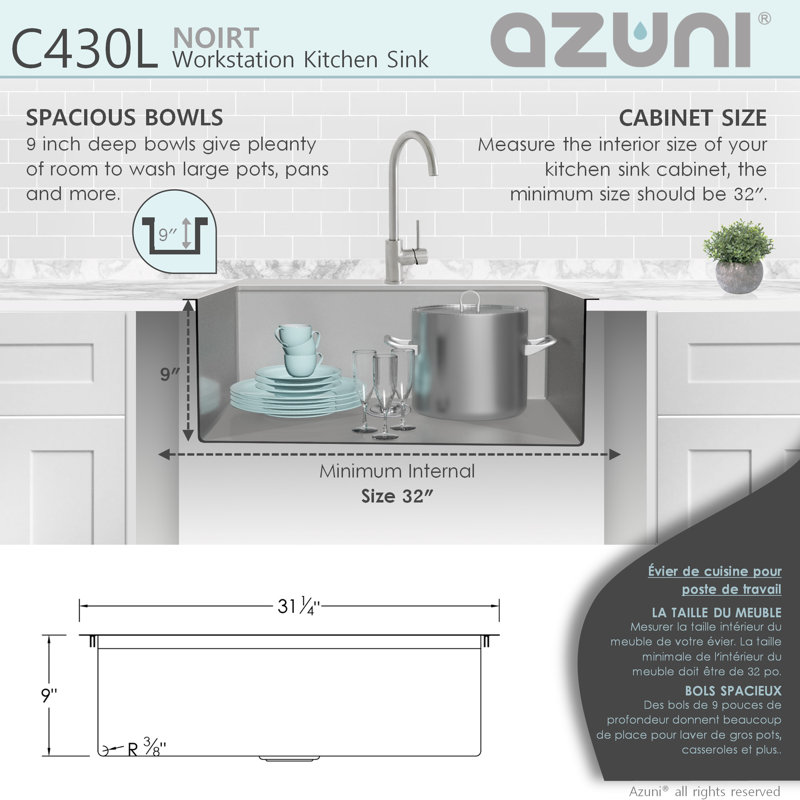 AZUNI Noirt Drop-In 31" Single Bowl Stainless Steel Kitchen Sink with Accessories