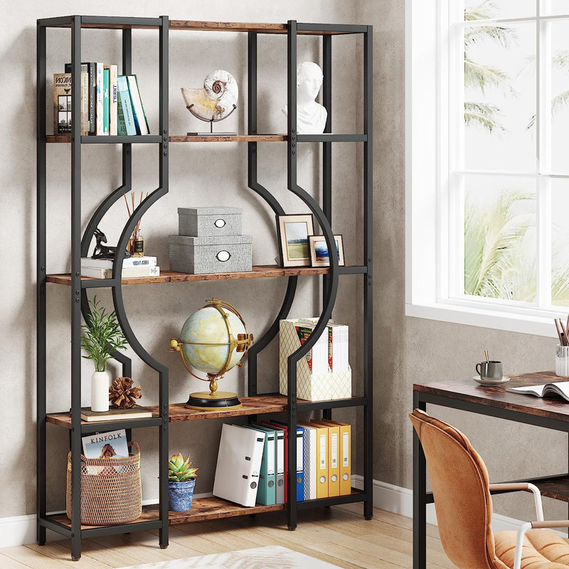 Analya 168.9cm H x 103.9cm W Metal Geometric Bookcase, Rustic Brown