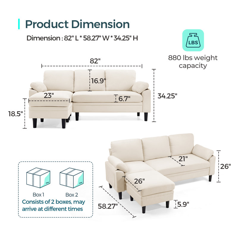 82" Reversible Sectional Sofa, Beige