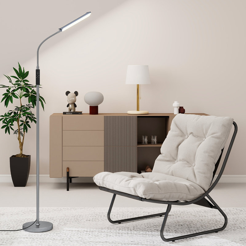 Dimmable LED Floor Lamp with Adjustable Gooseneck, Standing Reading Light with Remote Control, Silver