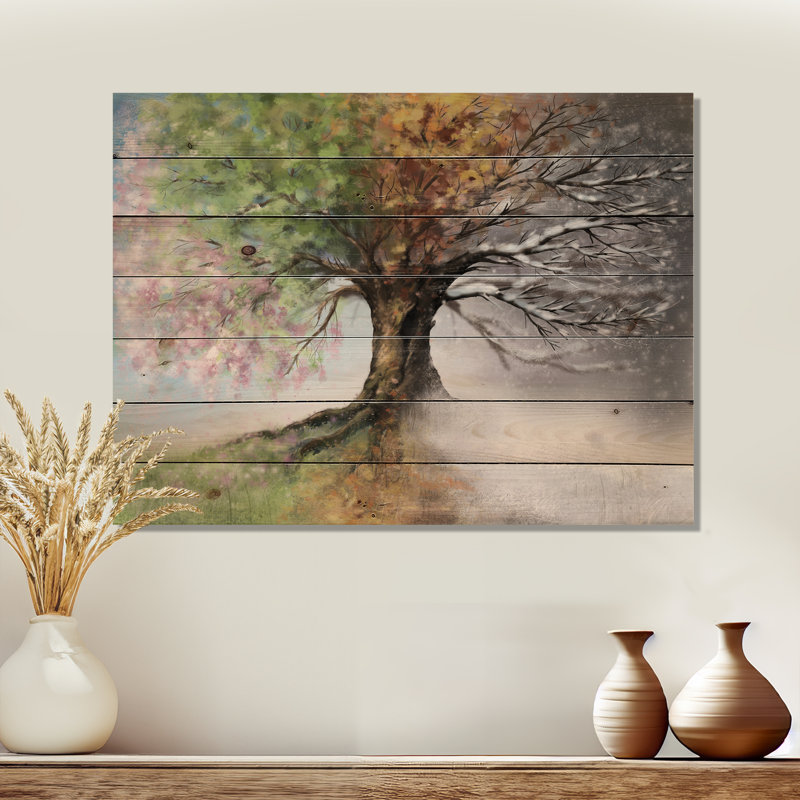 Arbre sur toile, impression de nature quatre saisons - Arbre avec quatre saisons, Toile tendue, H 30 po x l 40 po, Sans cadre