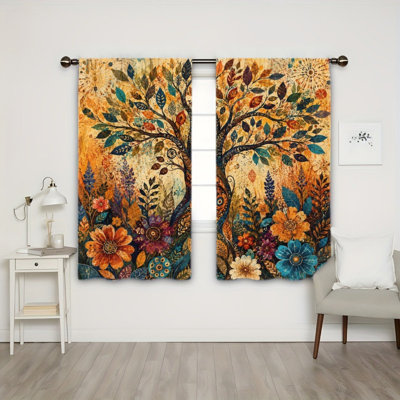 2 Pieces Bohemian Tree of Life Pattern Light Filtering Curtain with Vibrant Floral Accents, Artistic Home Decor, Easy Hang Rod Pocket, All-Season Window Drapes for Living Room Bedroom Study Room
