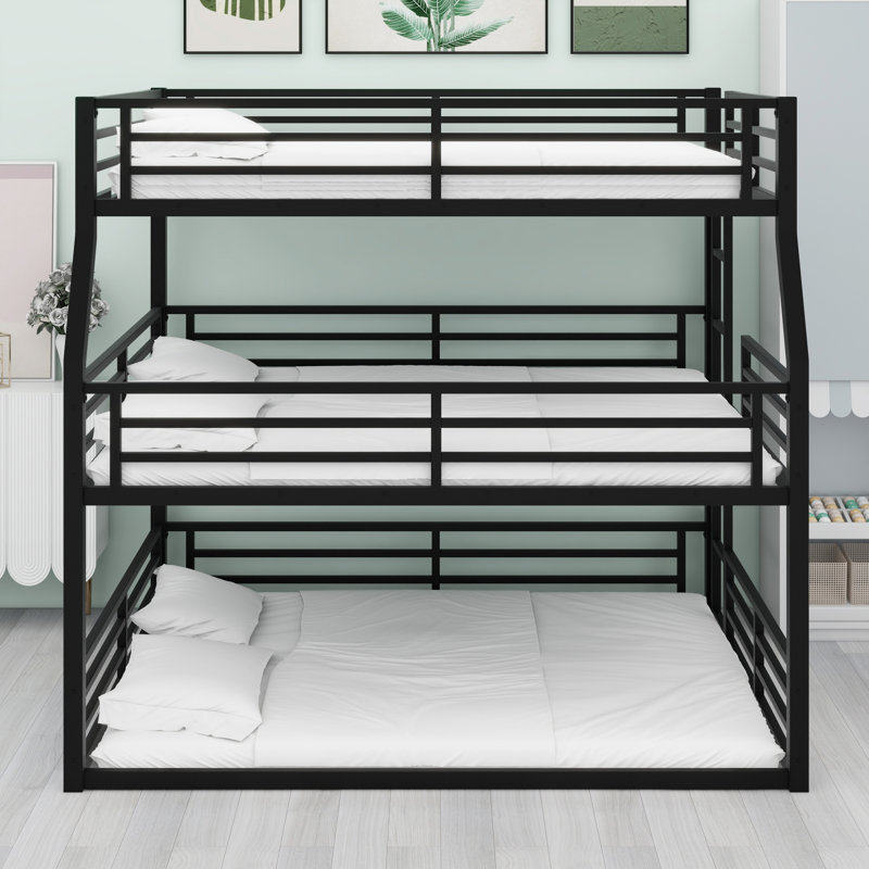 Metal Triple Bunk Bed With Safety Guardrails, Full/Extra-Long Full Over Queen Over Queen