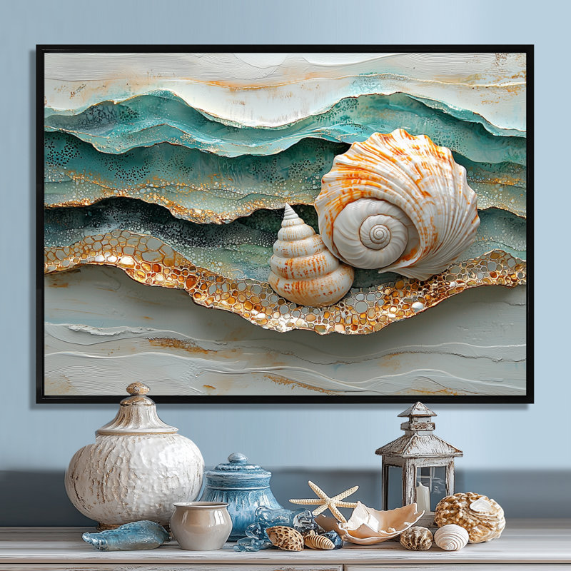 Coquillage et sable émeraude II - art mural bord de mer, H 24 po x l 32 po, Cadre flottant, Noir