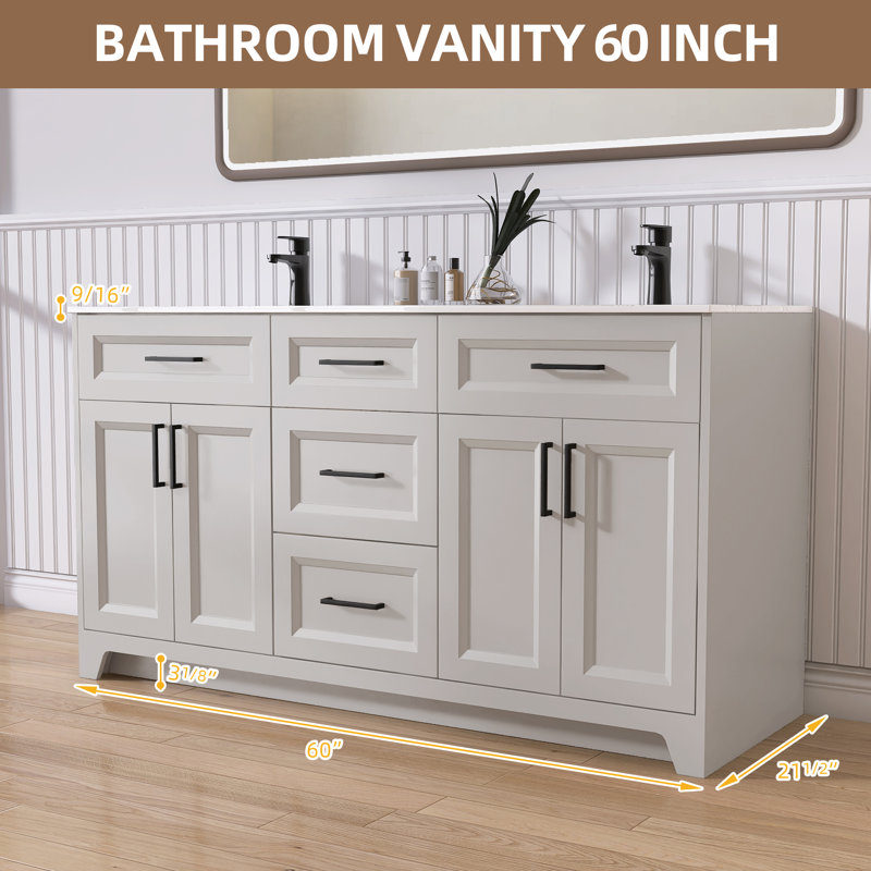 Ensemble de meuble-lavabo autoportant avec meuble-lavabo autoportant en bois avec surface solide et tiroirs Aagna, Gris