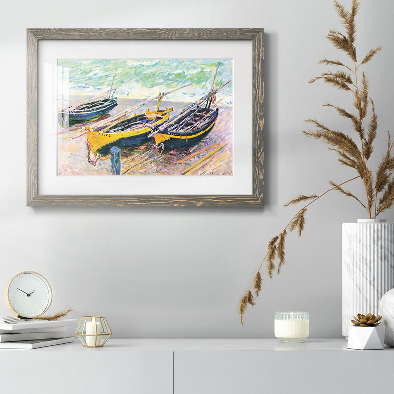 Trois bateaux de pêche à Eretrat par Monet, Gris, H 26 po x l 38 po