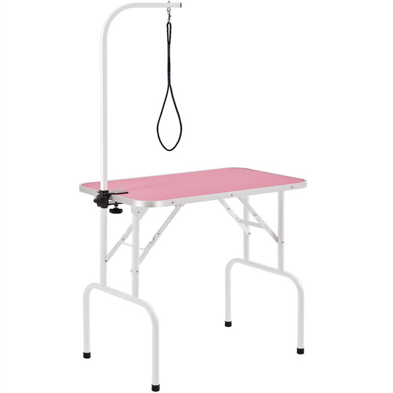 Pink Foldable Dog Grooming Table with Adjustable Arm and Noose