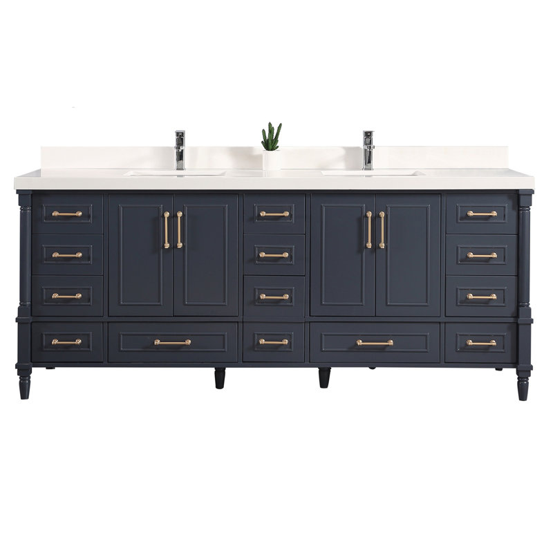 Ensemble de meuble-lavabo double 84 po Flavell, Blanc, bordure droite, Bleu marine hâlé