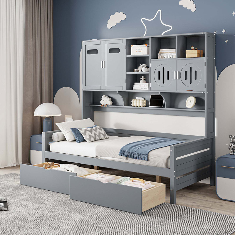 Wooden Daybed With 2 Drawers,and All-in-One Cabinet and Shelf, Gray, Twin