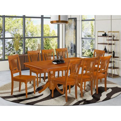 9 Piece Set Includes a Rectangle Dining Table with Butterfly Leaf and 8 Dining Chairs, Saddle Brown