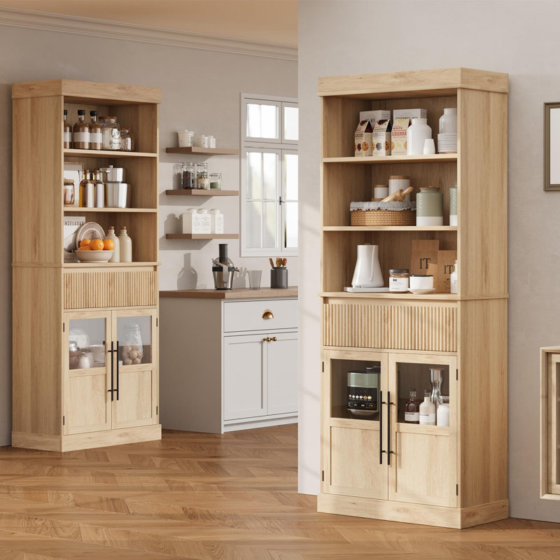 Armoire de rangement de 70 po de hauteur avec tiroir, 2 portes vitrées et 3 tablettes, armoires en bois pour la cuisine, le salon, la salle à manger et le vestibule