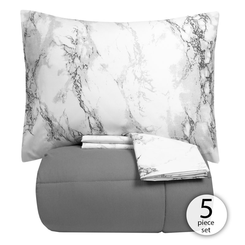 Marble Comforter Bedding Set, Gray, Queen Comforter + 5 Additional Pieces