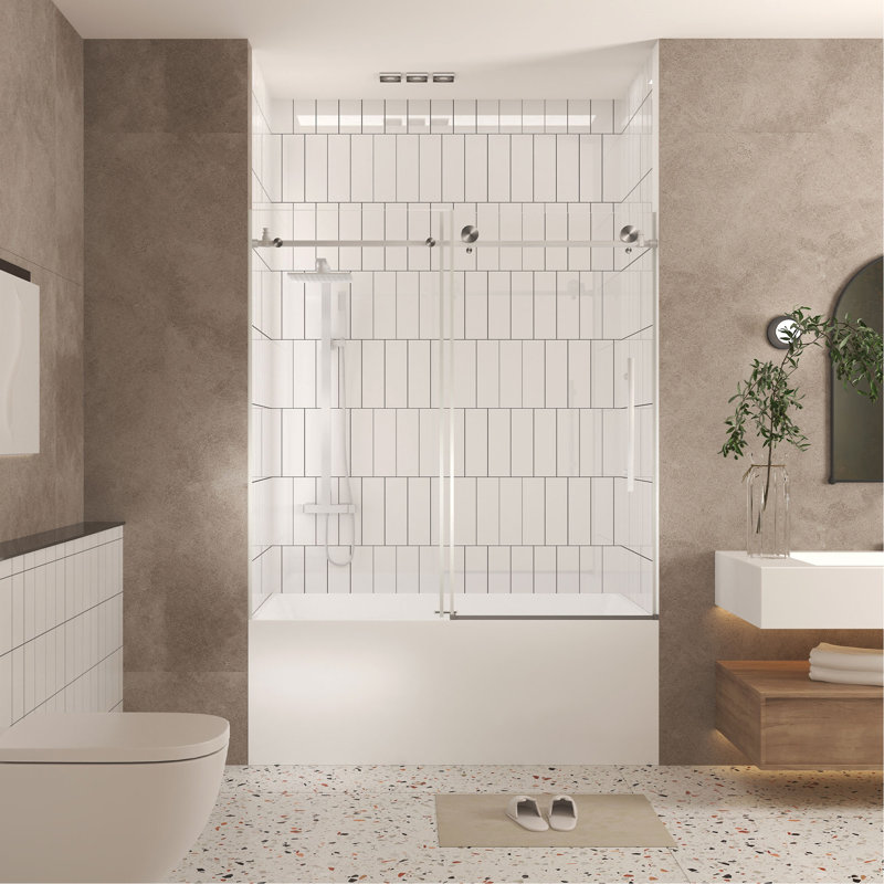 Frameless Shower Door 56-60 "W X 60" H, 1/4 "(6 Mm) Clear Tempered Glass, Explosion Proof Film, Stainless Steel Handle,Brushed Nickel