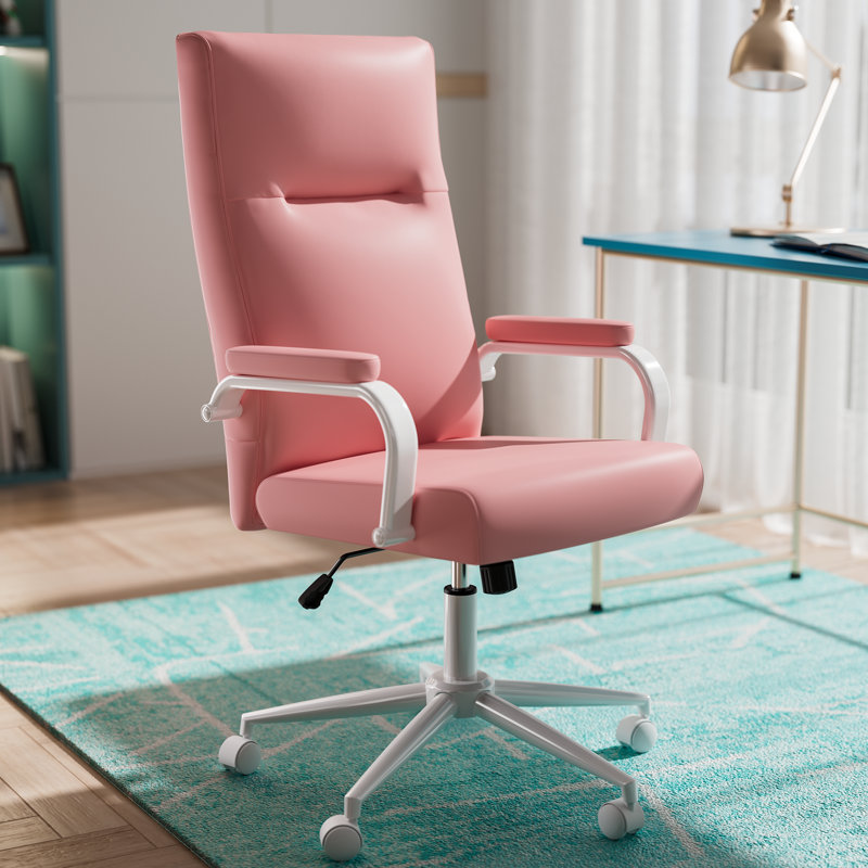 Leather Executive Office Chair, High Back Desk Chair with arms and wheels, White, Pink
