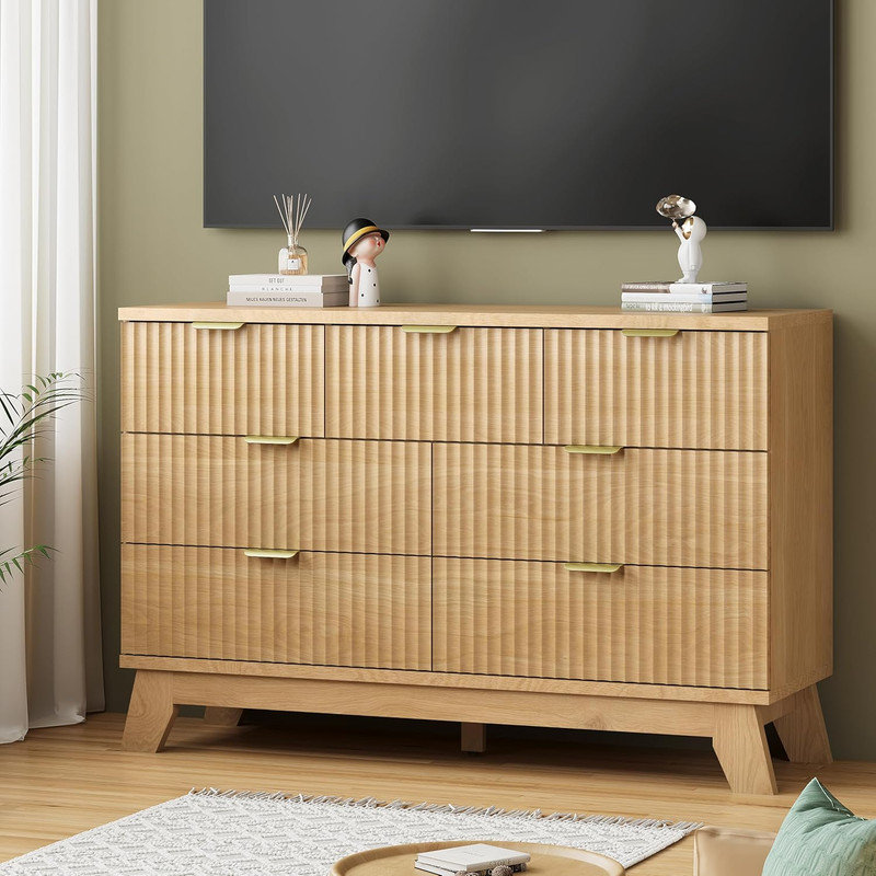Fluted Dresser for Bedroom with 7 Drawers, 48" Wide Modern Chest of Drawers with Metal Handle, Wood Dresser TV Stand, Wooden Closet Clothes Storage Organizer for Living Room, Hallway
