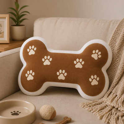 Coussin décoratif en forme d'os avec empreinte de patte marron et crème, imprimé plat en 2D. Parfait pour le divan, la chambre à coucher, le salon, le bureau et la voiture. Cadeau idéal. Dimensions : 25 cm (9,8 pouces).