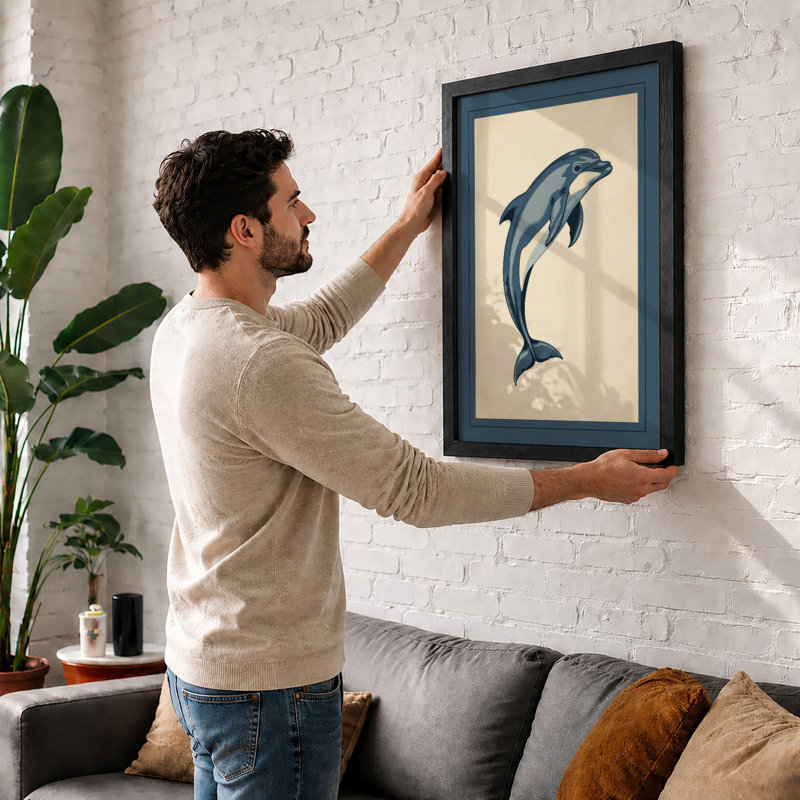 Leaping Dolphin Coastal - Framed Print, A3 - 42.0 x 29.7 cm, White